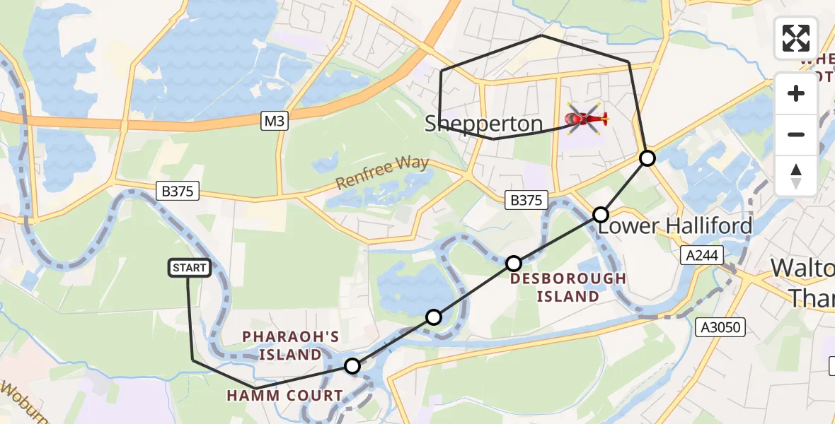 Routekaart van de vlucht: Air Ambulance Helicopter to Shepperton, Durrell Way