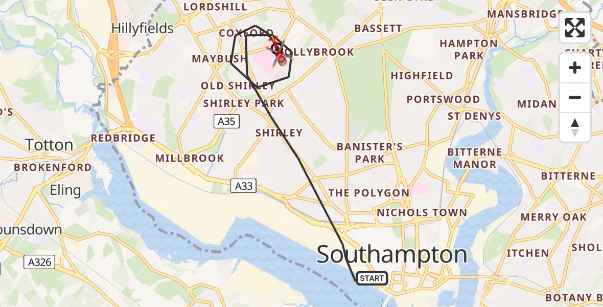 Flight route map: Air Ambulance Helicopter to University Hospital Southampton, Outer Circle