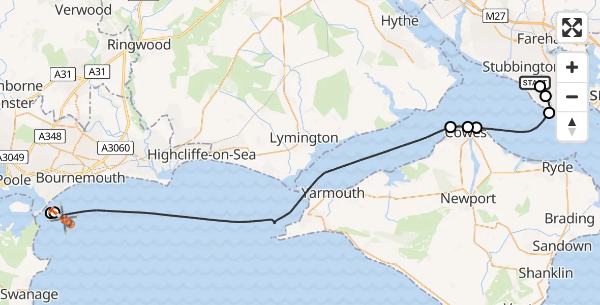 Flight route map: Coastguard Helicopter to English Channel, English Channel