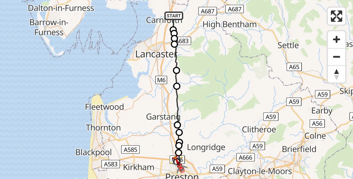 Flight route map: Air Ambulance Helicopter to Preston, Garstang Road
