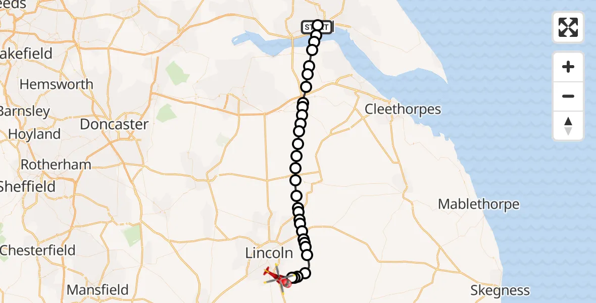 Flight route map: Air Ambulance Helicopter to North Kesteven, Sleaford Road