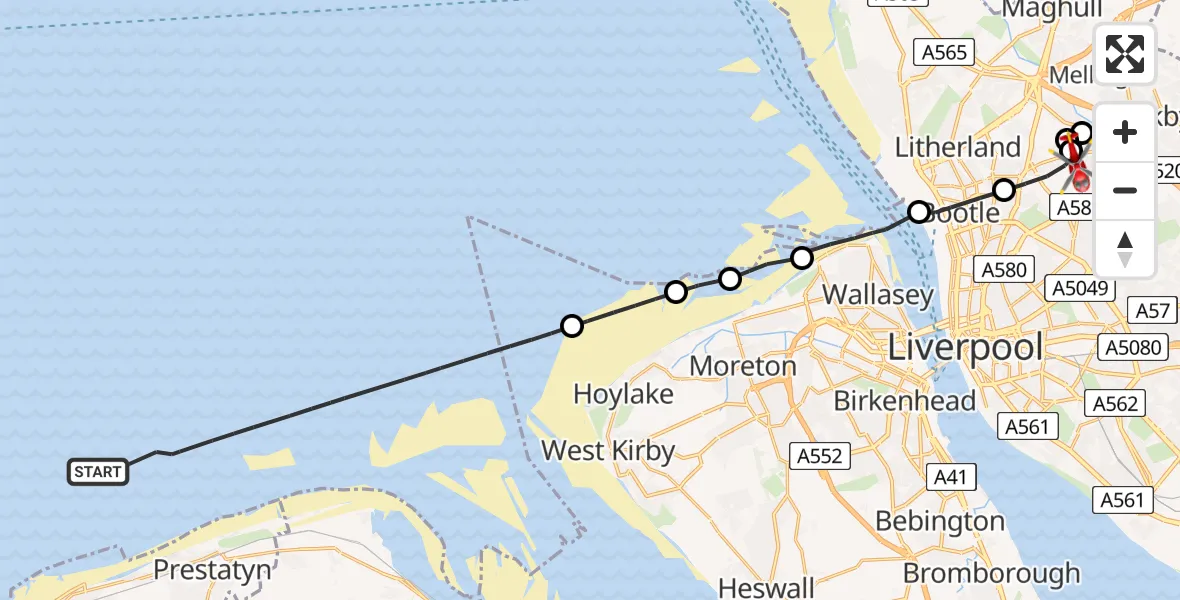 Flight route map: Air Ambulance Helicopter to Aintree University Hospital Heliport, Aintree University Hospital Heliport