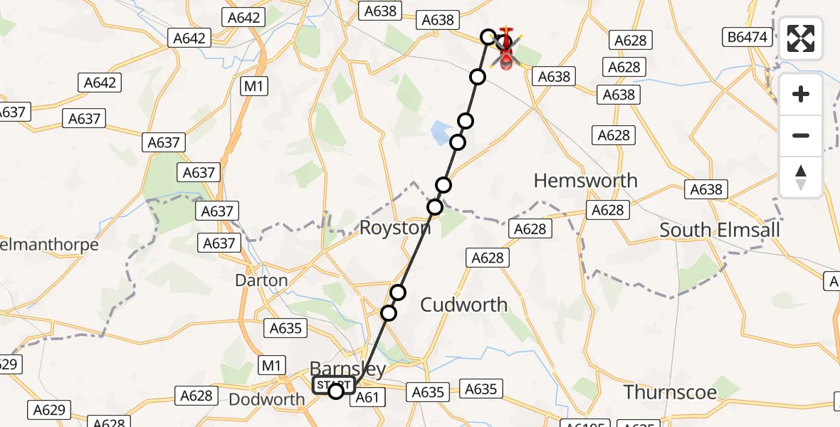 Routekaart van de vlucht: Air Ambulance Helicopter to YAA Nostell Helicopter Port, YAA Nostell Helicopter Port