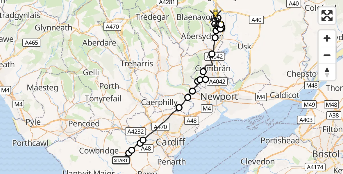 Flight route map: Police Helicopter to Llanover, Usk Road