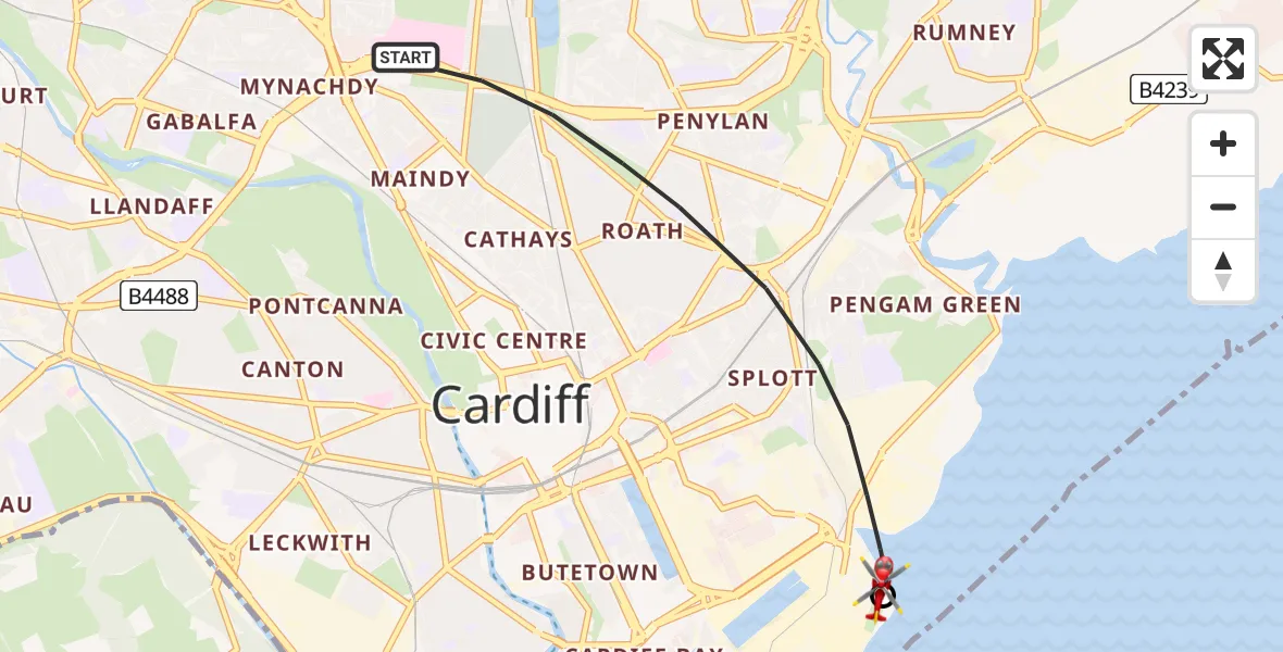 Flight route map: Air Ambulance Helicopter to Cardiff Heliport, Cardiff Heliport