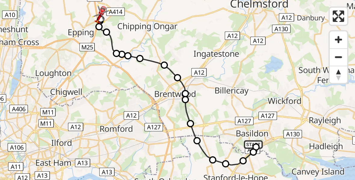 Flight route map: Air Ambulance Helicopter to North Weald Airfield, North Weald Airfield