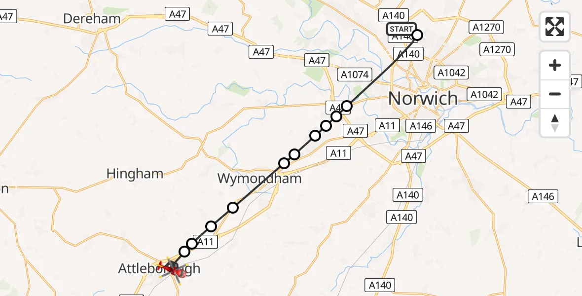 Flight route map: Air Ambulance Helicopter to Besthorpe, Thieves Lane
