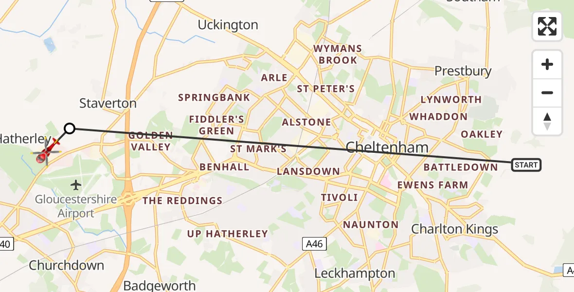 Routekaart van de vlucht: Air Ambulance Helicopter to Down Hatherley, Down Hatherley Lane