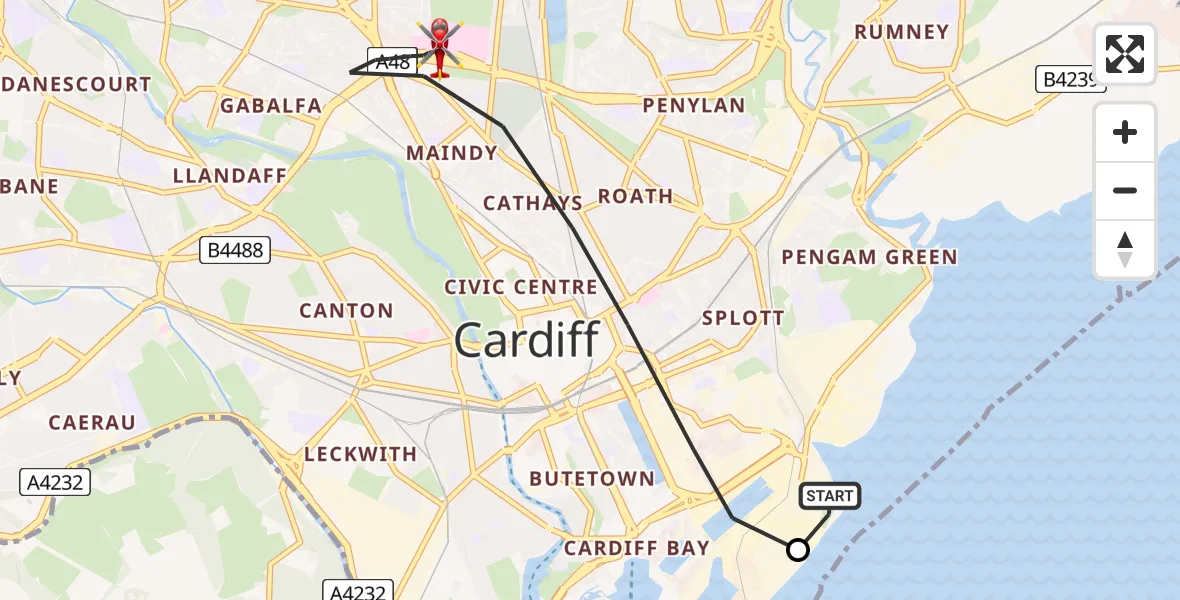 Flight route map: Air Ambulance Helicopter to Cardiff, Heath Park Way