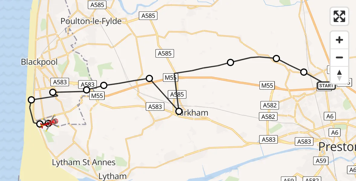 Flight route map: Air Ambulance Helicopter to Blackpool Airport, Blackpool Airport