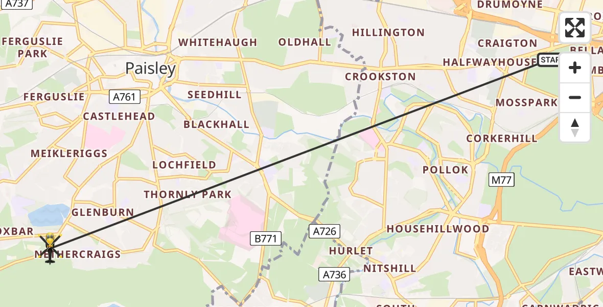 Flight route map: Police Helicopter to Elderslie, Gleniffer Road
