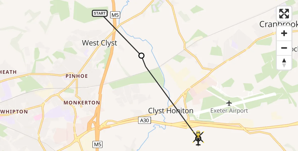 Flight route map:  to Clyst Honiton, Clyst Honiton