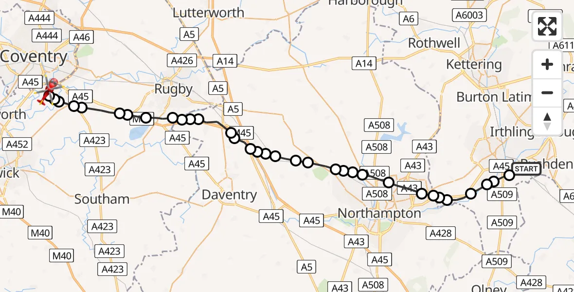 Routekaart van de vlucht: Air Ambulance Helicopter to Coventry Airport, Coventry Airport