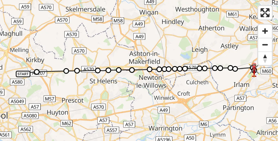 Flight route map: Air Ambulance Helicopter to Irlam, Manchester Barton Aerodrome