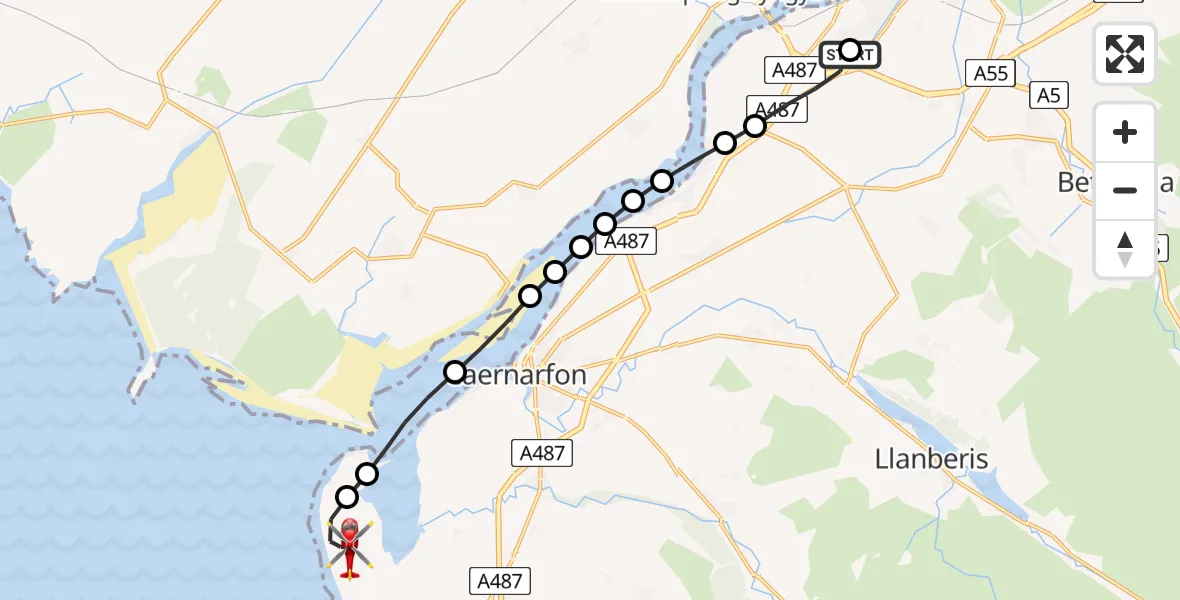 Flight route map: Air Ambulance Helicopter to Caernarfon Airport, Caernarfon Airport