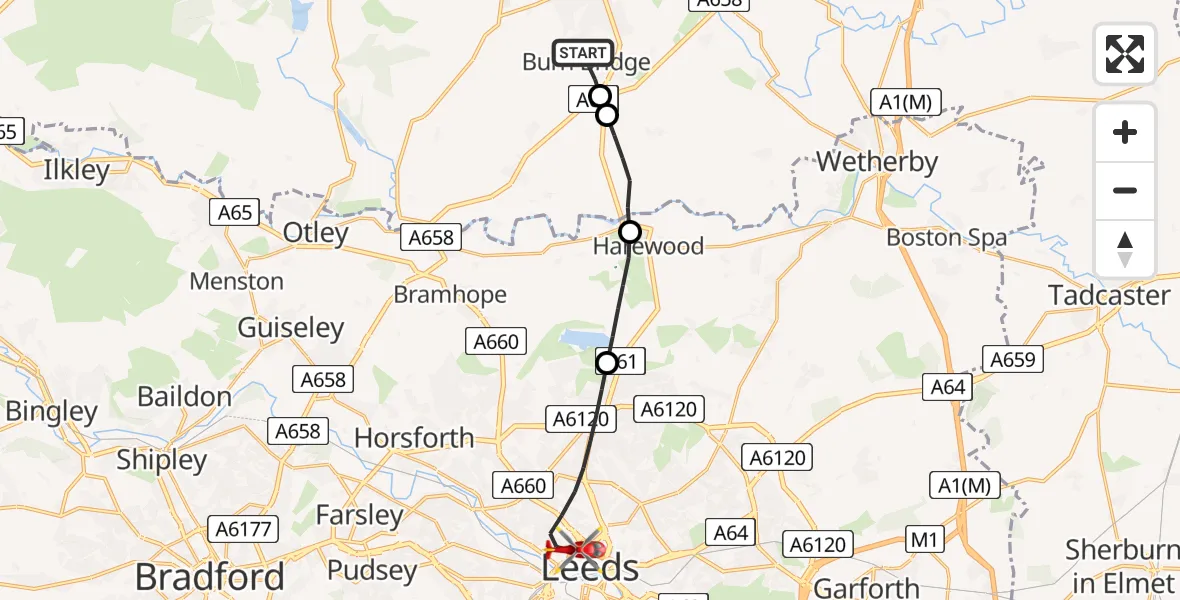 Routekaart van de vlucht: Air Ambulance Helicopter to Leeds, Great George Street