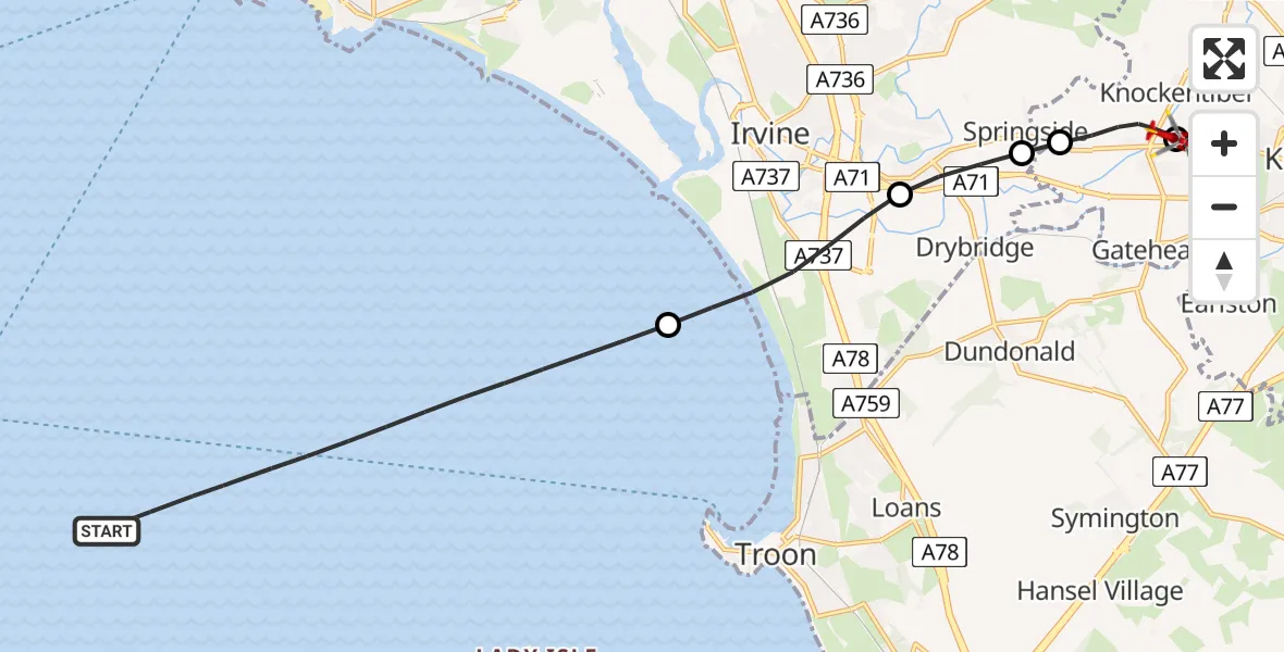 Flight route map: Air Ambulance Helicopter to Knockentiber, Kilmarnock Road