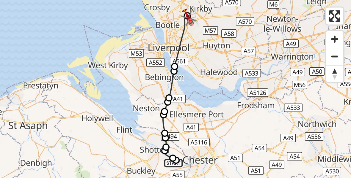 Flight route map: Air Ambulance Helicopter to Aintree University Hospital Heliport, Aintree University Hospital Heliport