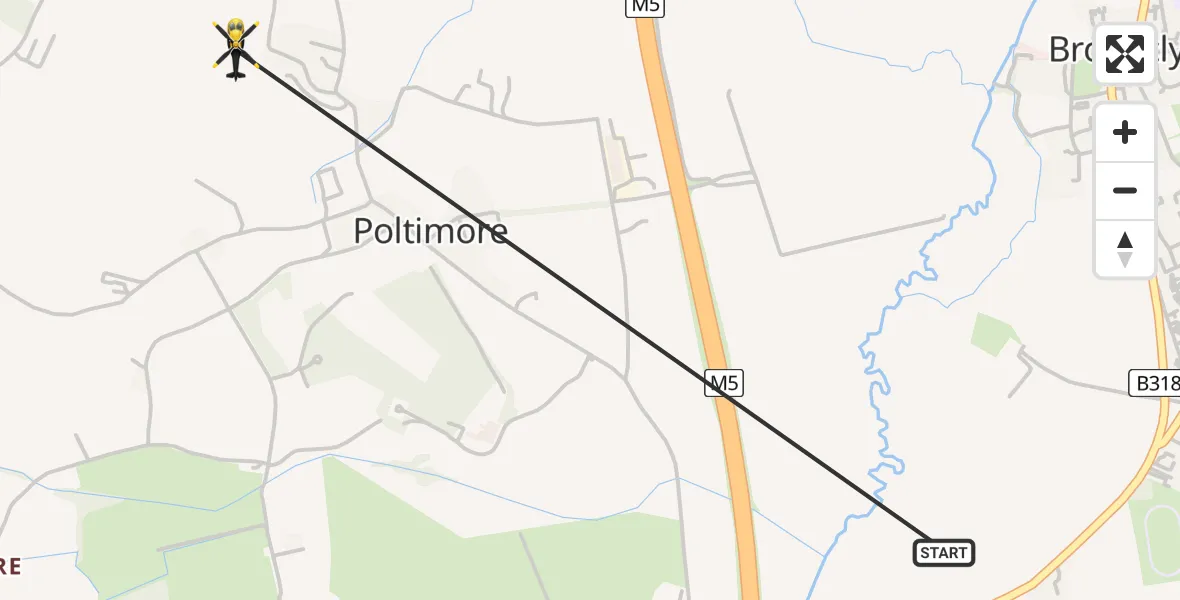 Routekaart van de vlucht: Police Helicopter to Poltimore, Poltimore