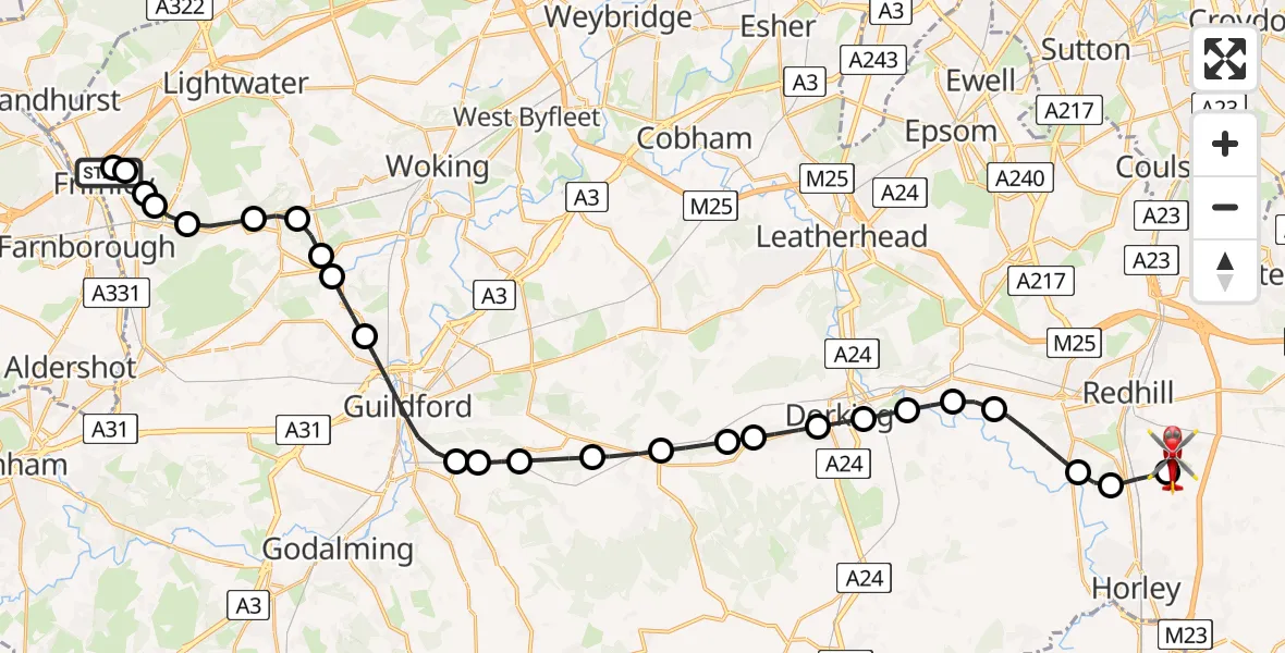 Flight route map: Air Ambulance Helicopter to Redhill Aerodrome, Redhill Aerodrome