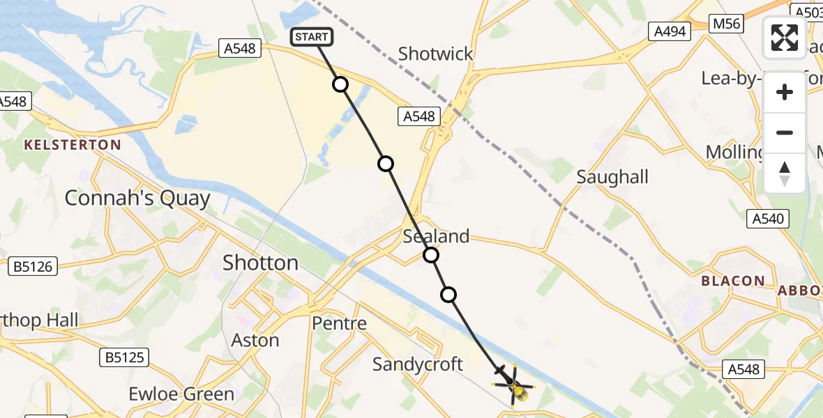 Routekaart van de vlucht: Police Helicopter to Sandycroft, B5129