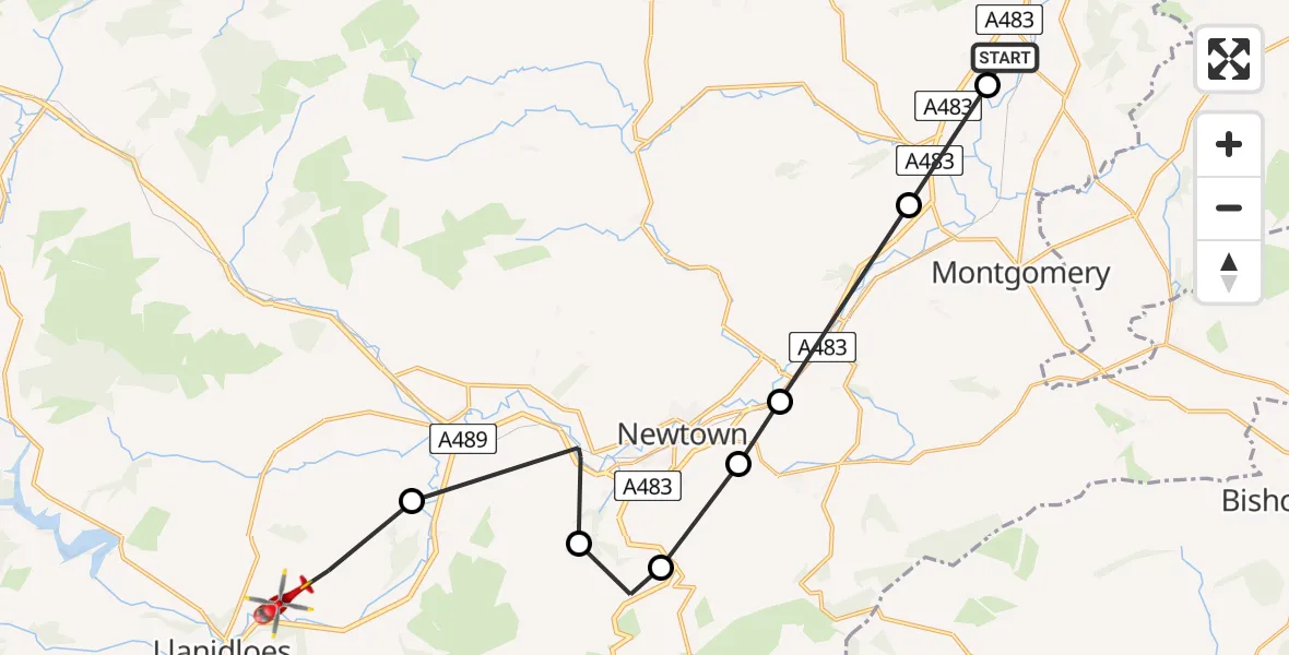 Routekaart van de vlucht: Air Ambulance Helicopter to Llanidloes, Llanidloes