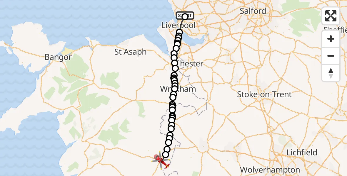 Flight route map: Air Ambulance Helicopter to Welshpool Airport, Welshpool Airport