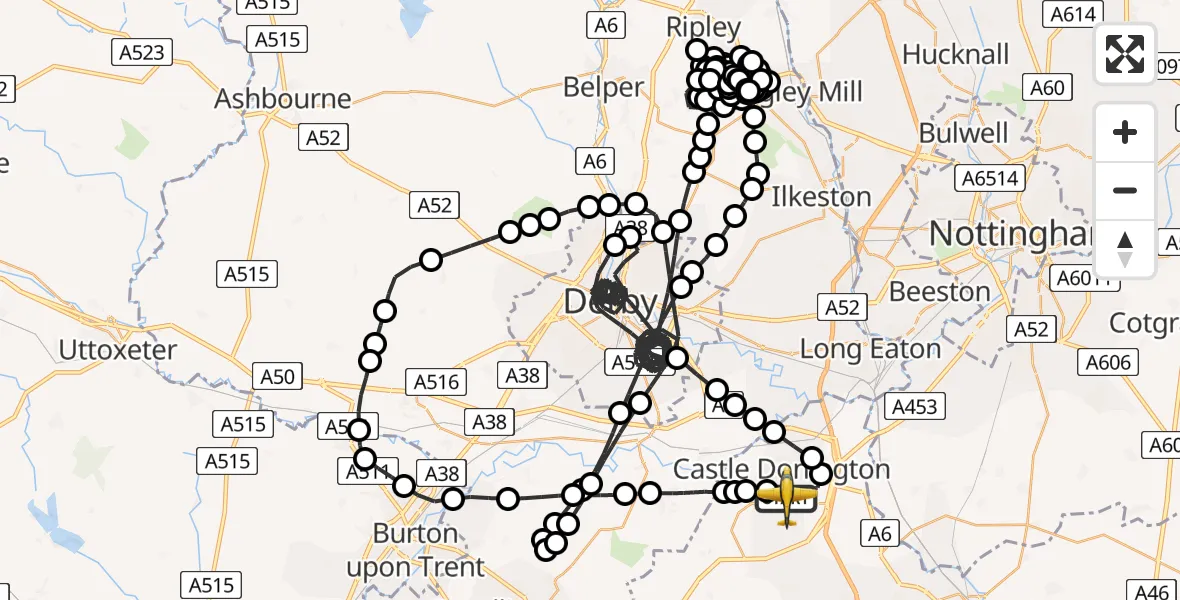 Flight route map: Police Aircraft to East Midlands Airport, East Midlands Airport
