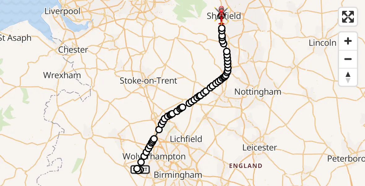 Routekaart van de vlucht: Air Ambulance Helicopter to Sheffield Childrens Hospital, Sheffield Childrens Hospital