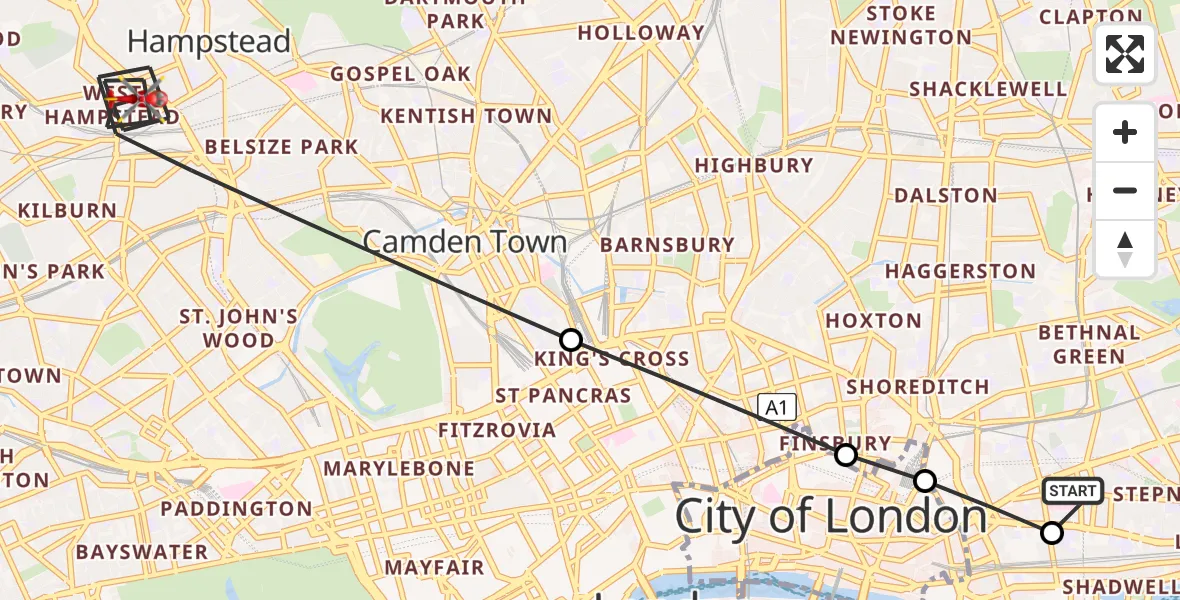 Flight route map: Air Ambulance Helicopter to London Borough of Camden, Crediton Hill