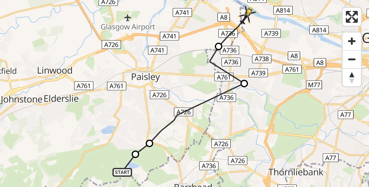 Flight path map showing Police Helicopter route from Elderslie to Renfrew