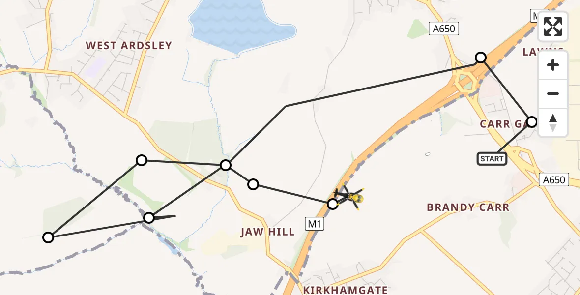 Flight path map showing Police Helicopter route from Wrenthorpe to East Ardsley