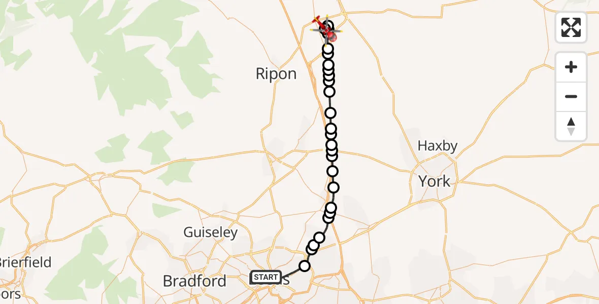 Flight route map: Air Ambulance Helicopter to RAF Topcliffe, RAF Topcliffe