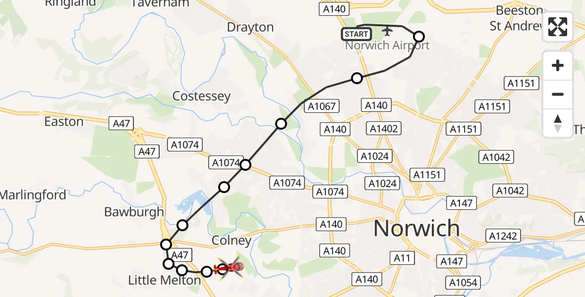 Routekaart van de vlucht: Air Ambulance Helicopter to Norfolk & Norwich Hospital, Norfolk & Norwich Hospital