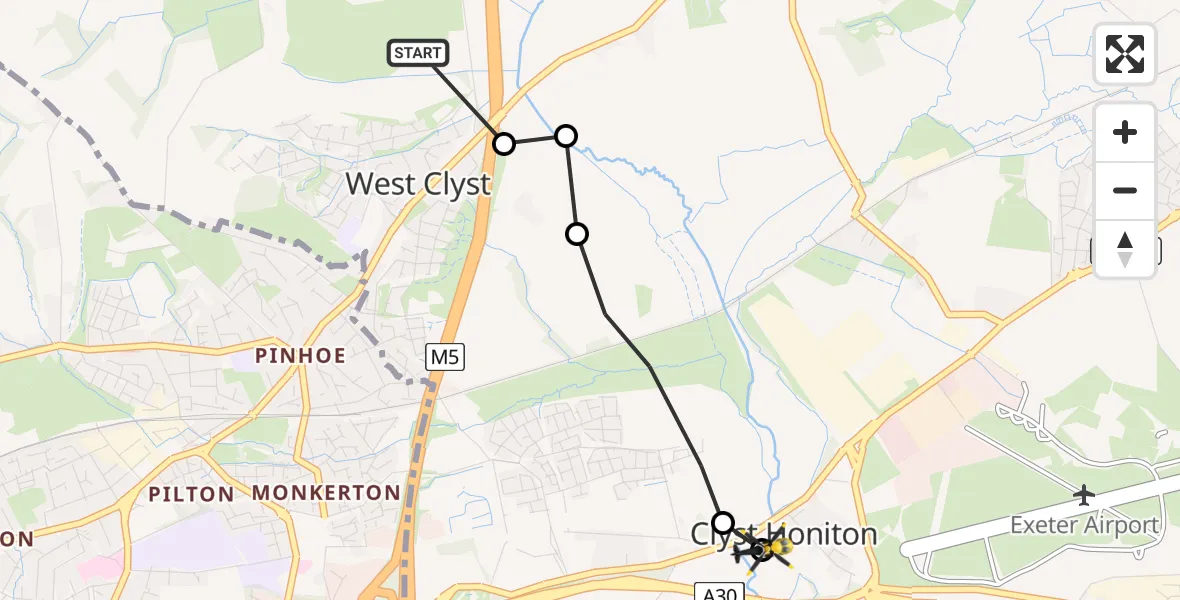 Flight route map: Police Helicopter to Clyst Honiton, Old Honiton Road