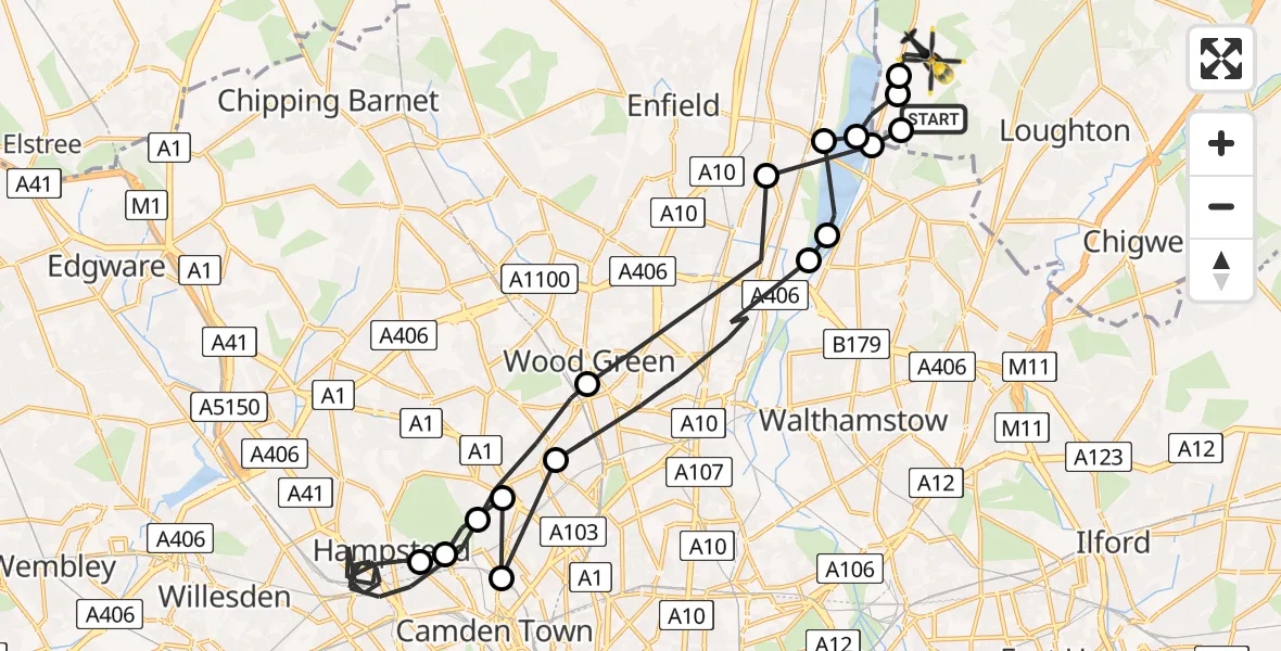 Flight route map: Police Helicopter to Epping Forest, Mott Street