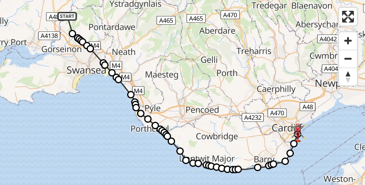 Routekaart van de vlucht: Air Ambulance Helicopter to Cardiff Heliport, Cardiff Heliport