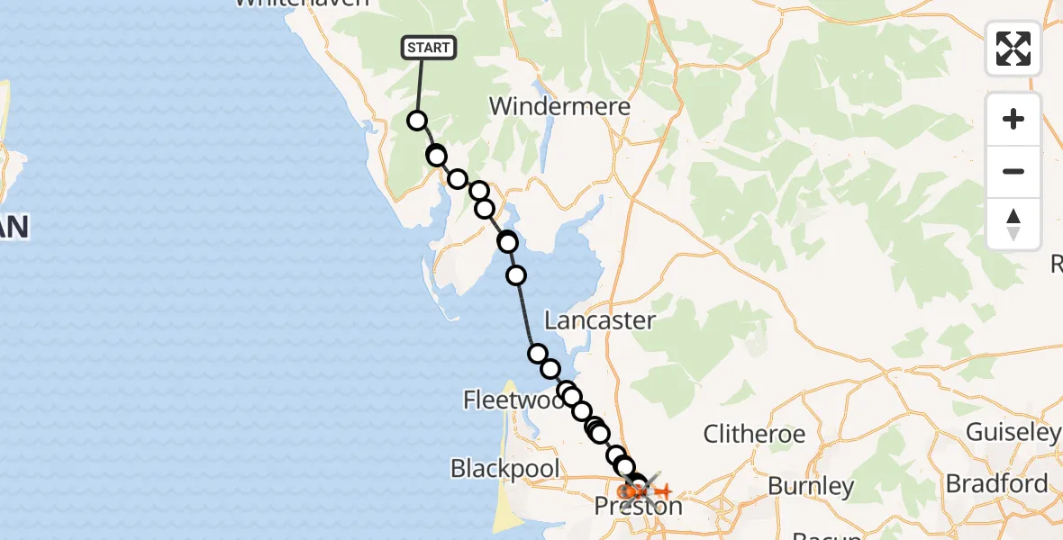 Routekaart van de vlucht: Coastguard Helicopter to Preston, Watling Street Road