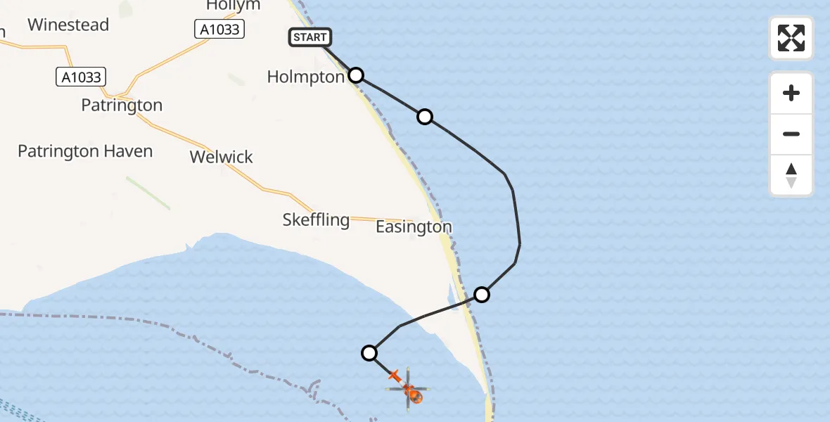 Flight route map: Coastguard Helicopter to North Sea, North Sea