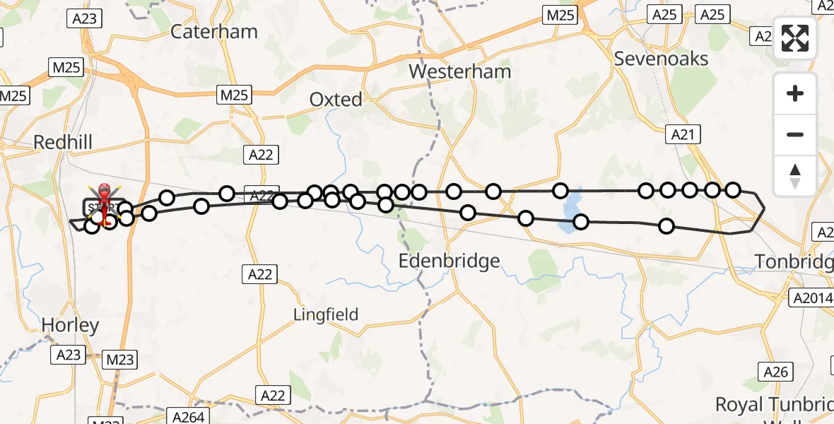 Flight path map showing Air Ambulance Helicopter route from Redhill Aerodrome to Redhill Aerodrome