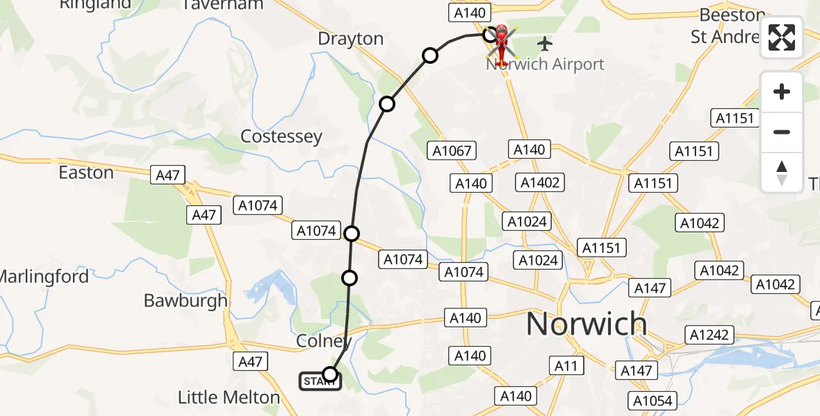 Flight route map: Air Ambulance Helicopter to Norwich Airport, Norwich Airport
