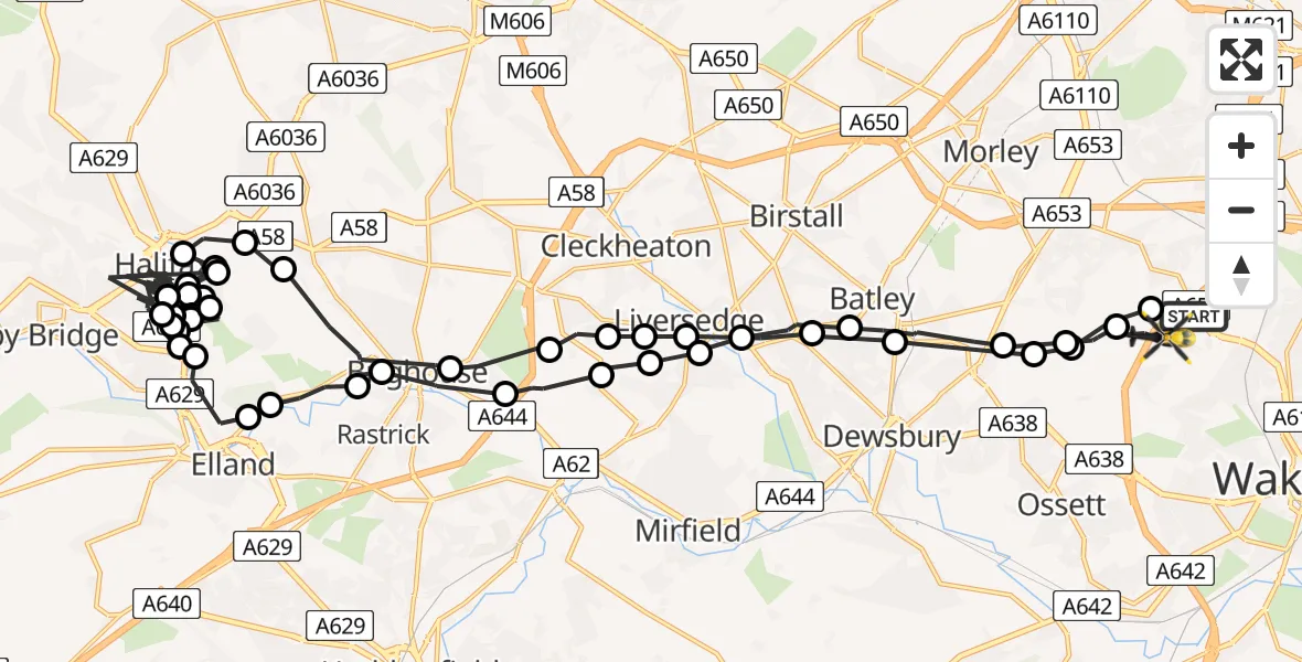 Flight path map showing Police Helicopter route from Wakefield to East Ardsley