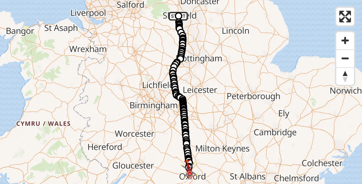 Flight route map: Air Ambulance Helicopter to London Oxford Airport, London Oxford Airport