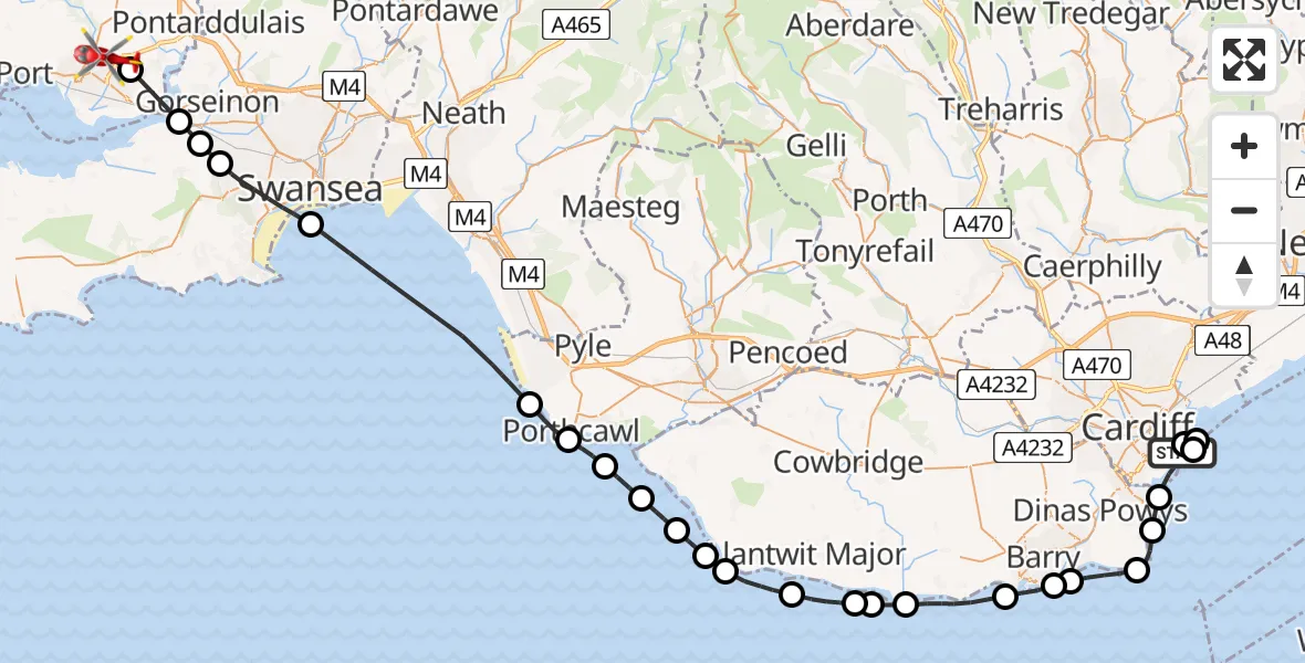 Flight route map: Air Ambulance Helicopter to Dafen, Cilsaig Road