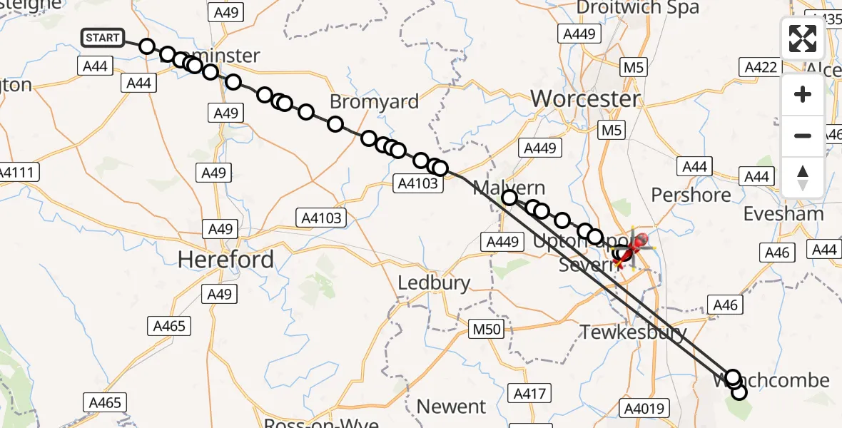 Routekaart van de vlucht: Air Ambulance Helicopter to Hill Croome, M5