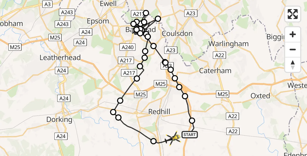 Flight route map: Police Helicopter to Redhill Aerodrome, Redhill Aerodrome