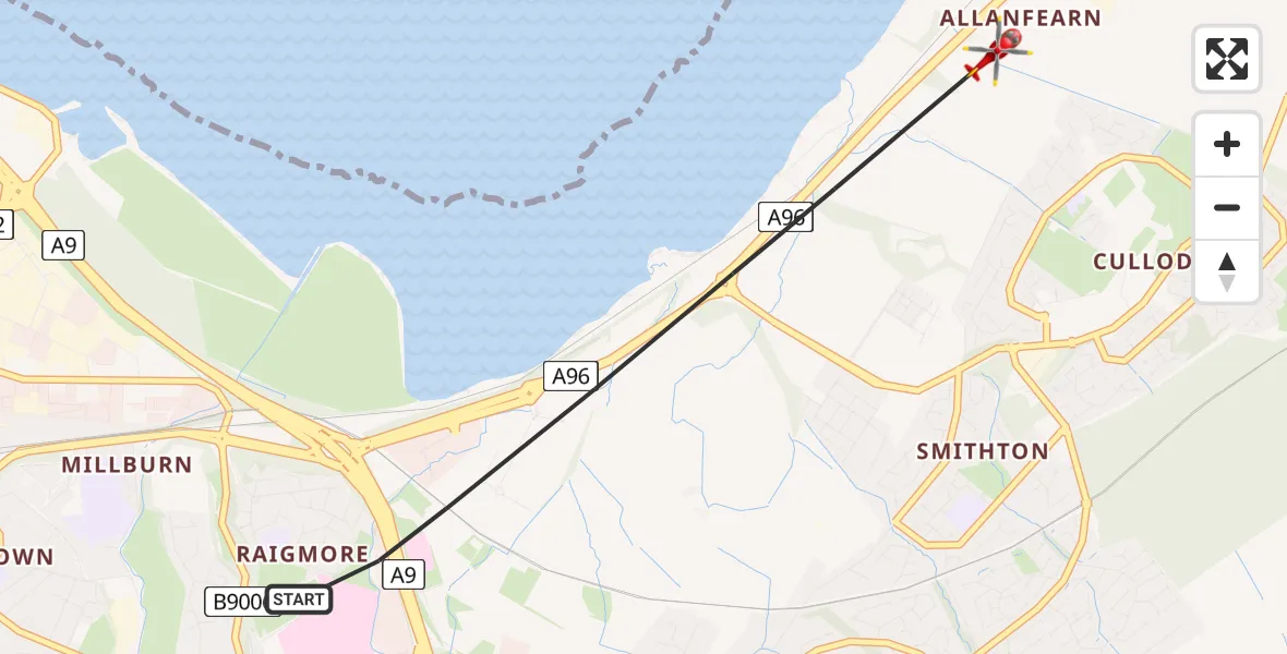Flight path map showing Air Ambulance Helicopter route from Inverness to Inverness