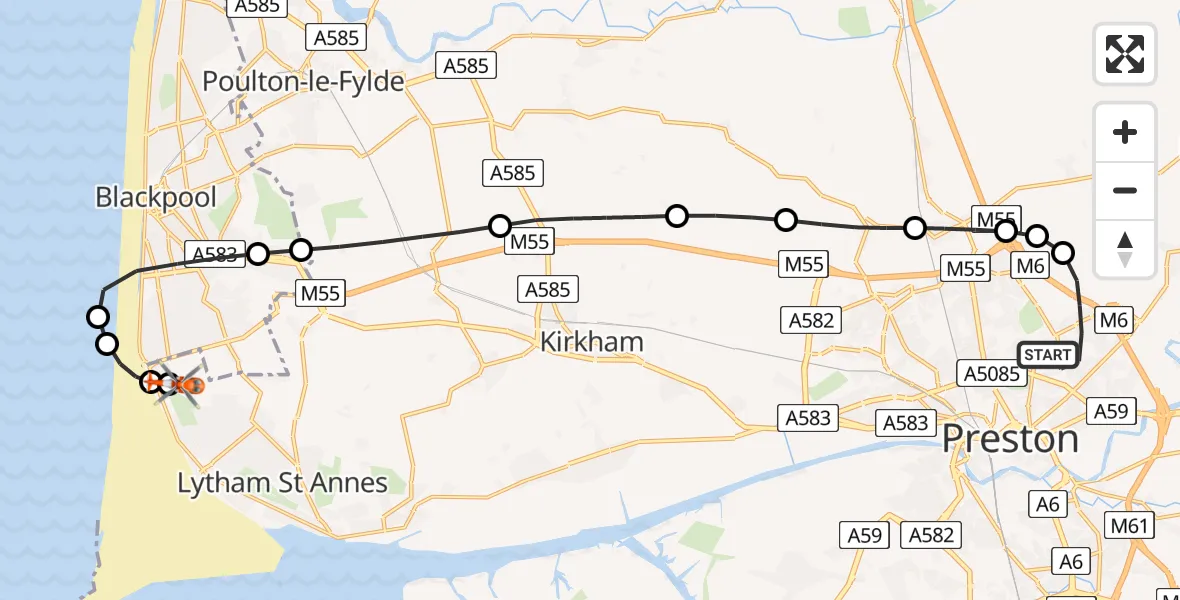 Flight route map: Coastguard Helicopter to Blackpool Airport, Blackpool Airport