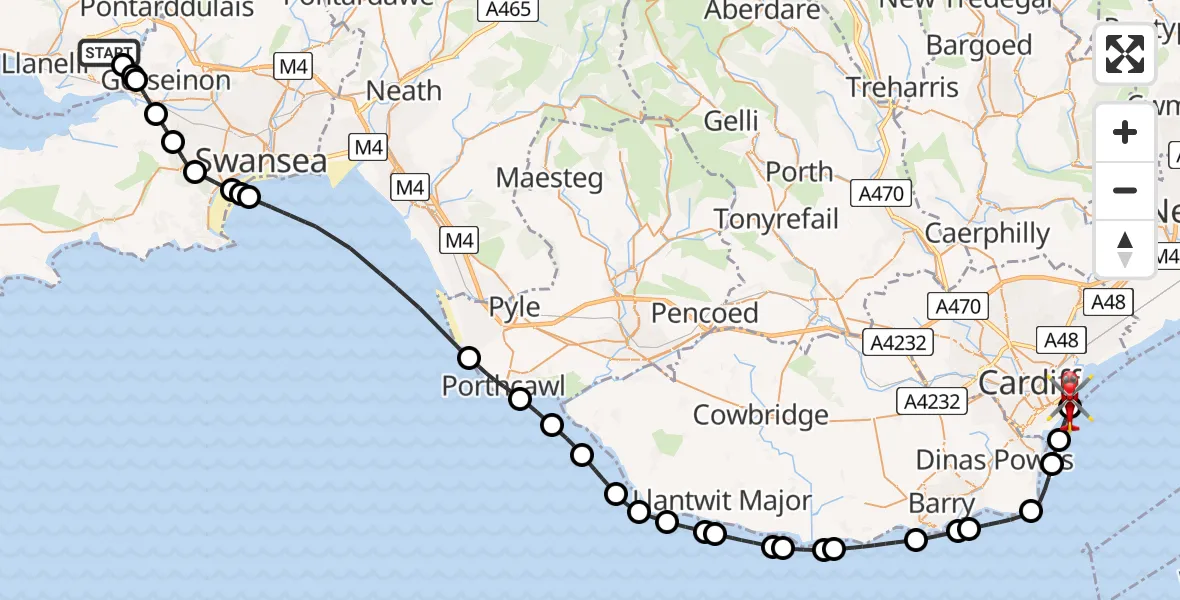 Flight route map: Air Ambulance Helicopter to Cardiff Heliport, Cardiff Heliport