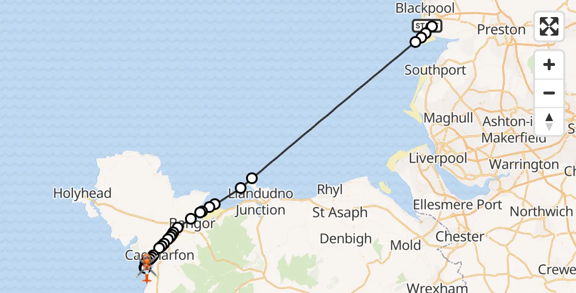 Flight route map: Coastguard Helicopter to Caernarfon Airport, Caernarfon Airport